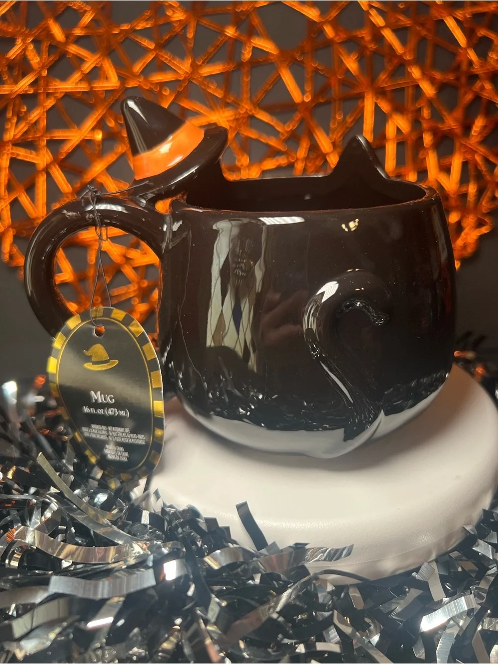 Halloween Black Cat Shaped Ceramic Mug with Witch Hat Handle Kitty Kitten